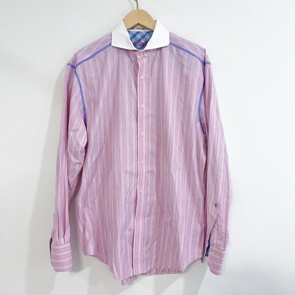 ROBERT GRAHAM Sz L Embroidered Pink Stripe Shirt Cuff Knowledge Wisdom Truth EUC - Picture 2 of 14
